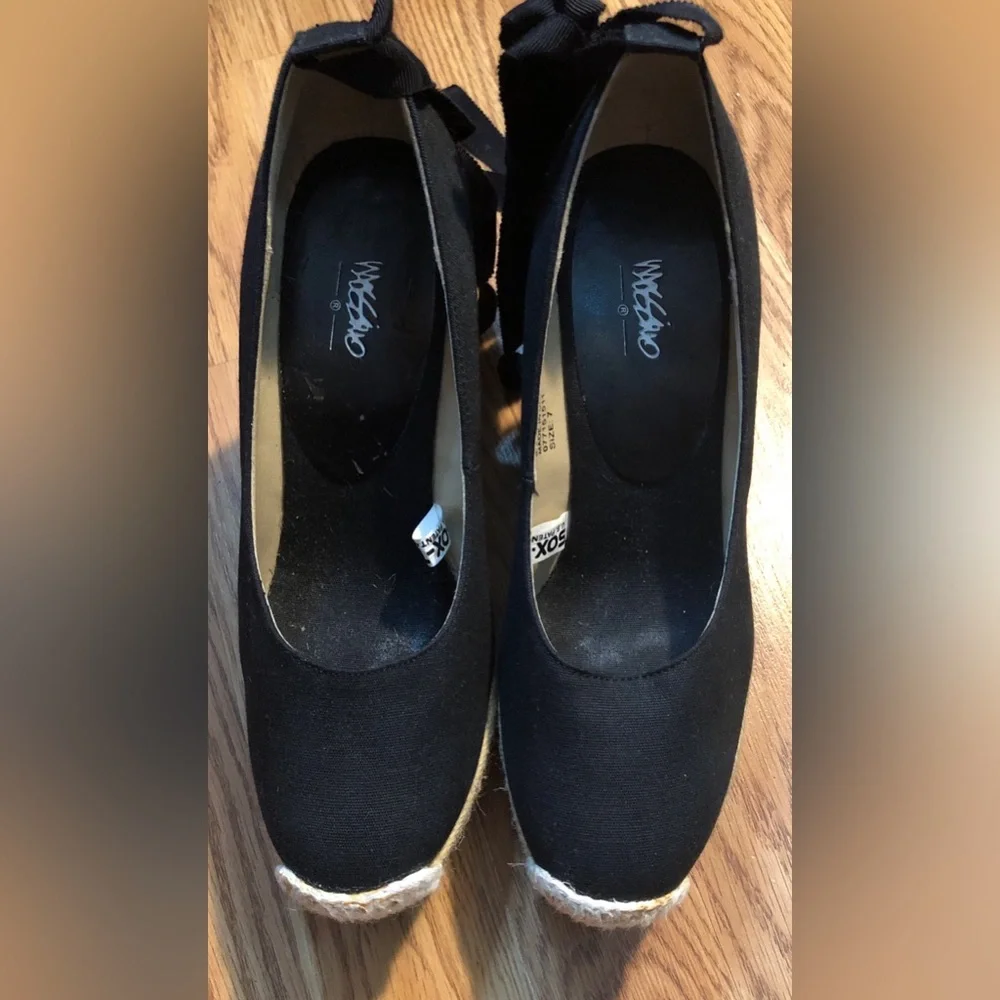 Mossimo Black Espadrille Shoes 4” inch Platform Straw Heel & Tie Accent Size 7